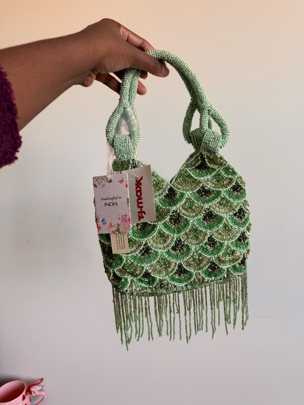 T.J.Maxx Mint Green Beaded Fringe Tote - Picture 2 of 3